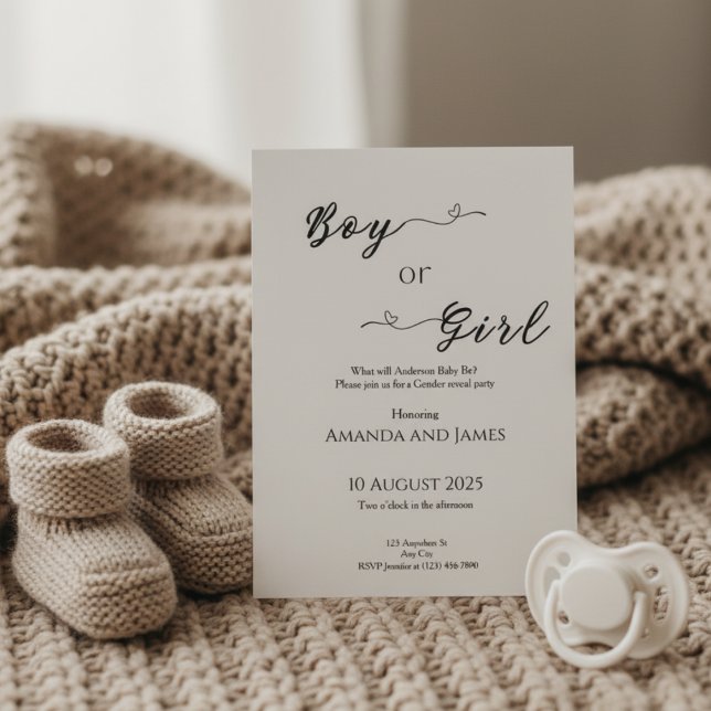 Minimalist Boy or Girl Gender Reveal Invitation (Gender reveal invitation on beige knit blanket with baby booties and pacifier in warm light)