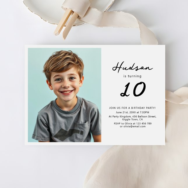 Minimalist Boys 10TH Birthday Party Photo Invitation (Creator Uploaded)