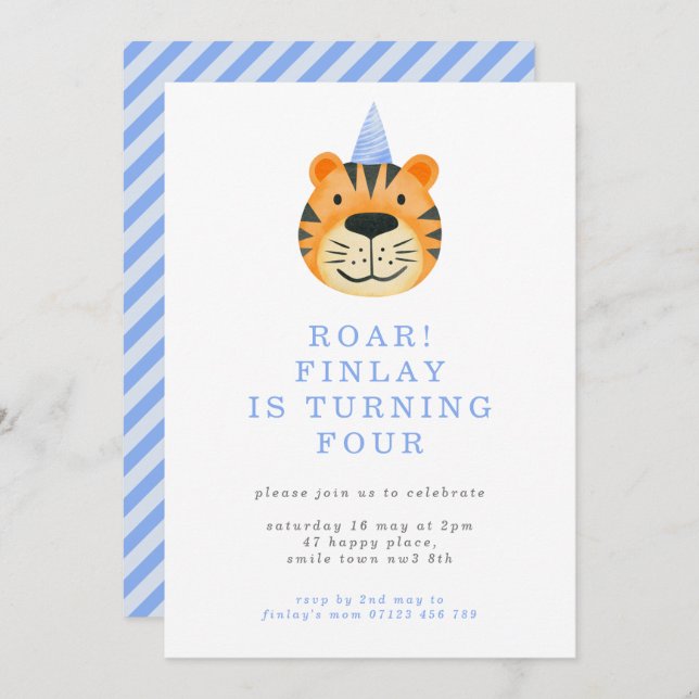 Minimalist Boy's 4th Birthday Tiger Party Invitati Invitation (Front/Back)