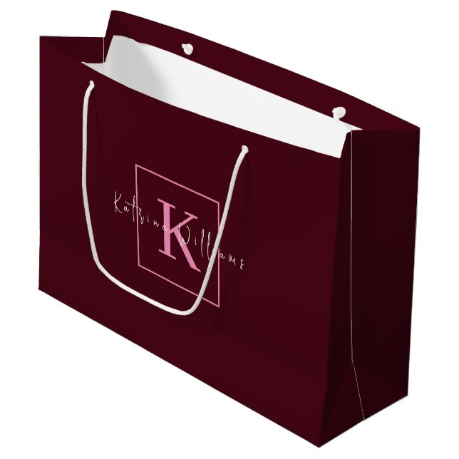 Minimalist Branding Logo Burgundy Pink Monogram Large Gift Bag (Front Angled)