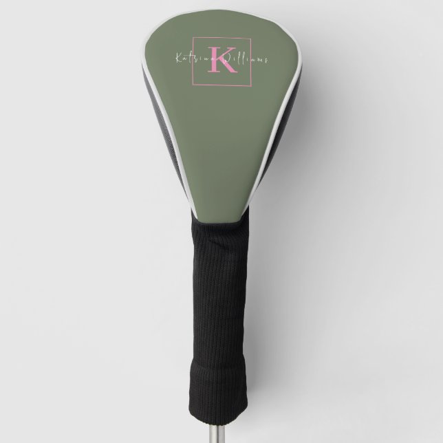 Minimalist Branding Logo Sage Green Pink Monogram Golf Head Cover (Front)