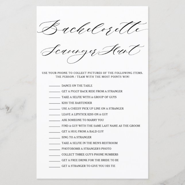 Minimalist Bridal Shower Scavenger Hunt Game (Front)