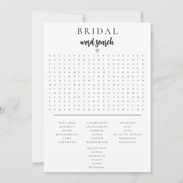 Minimalist Bridal Shower Word Search Game Card (Front)