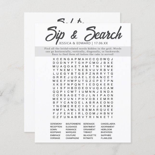 Minimalist Bridal Shower Word Search Simple Modern (Front/Back)