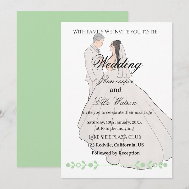 Minimalist Bride and Groom Wedding Illustration Invitation (Front/Back)
