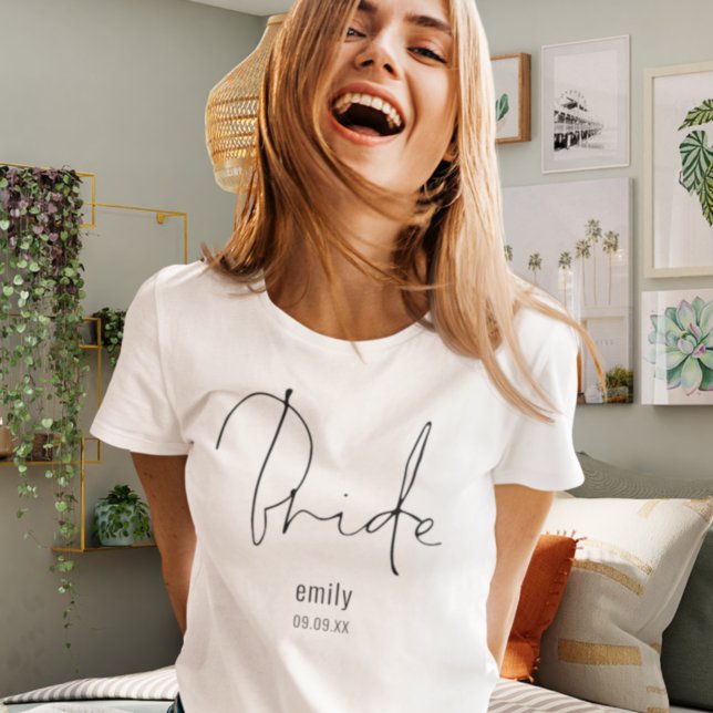 Minimalist Bride Script Name Wedding Date T-Shirt (Creator Uploaded)