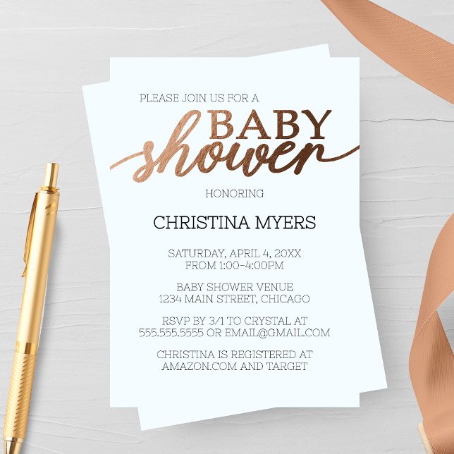 Minimalist Bronze and Blue Elegant Baby Shower Invitation (Creator Uploaded)