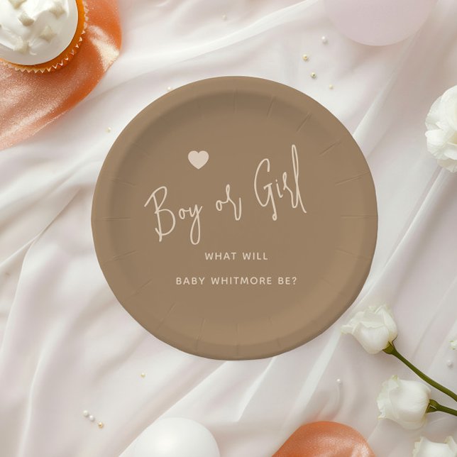 Minimalist Brown Boy or Girl Gender Reveal Paper Plate (Creator Uploaded)