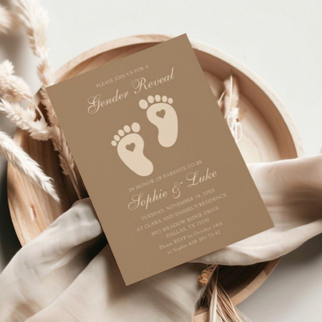 Minimalist Brown Footprints Gender Reveal Party Invitation (Creator Uploaded)
