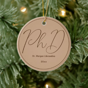 Minimalist Brown Mocha Name PhD Graduation Ceramic Tree Decoration