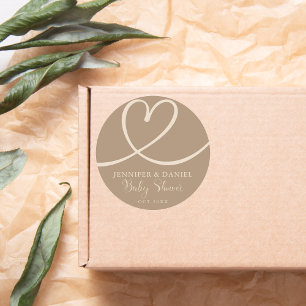 Minimalist Brown Tan  Elegant Heart Baby Shower Classic Round Sticker
