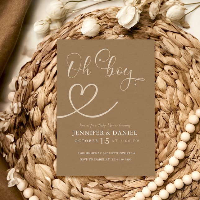 Minimalist Brown Tan Elegant Oh Boy Baby Shower Invitation (Creator Uploaded)