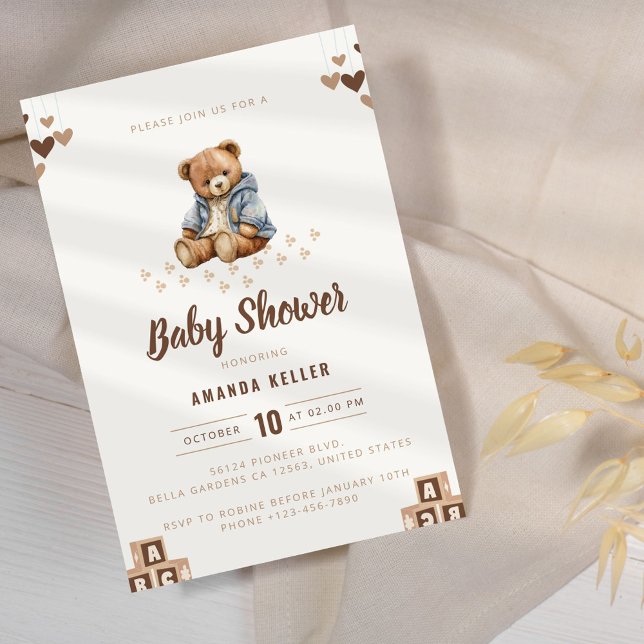 Minimalist Brown Teddy Bear Baby Shower Invitation (Creator Uploaded)