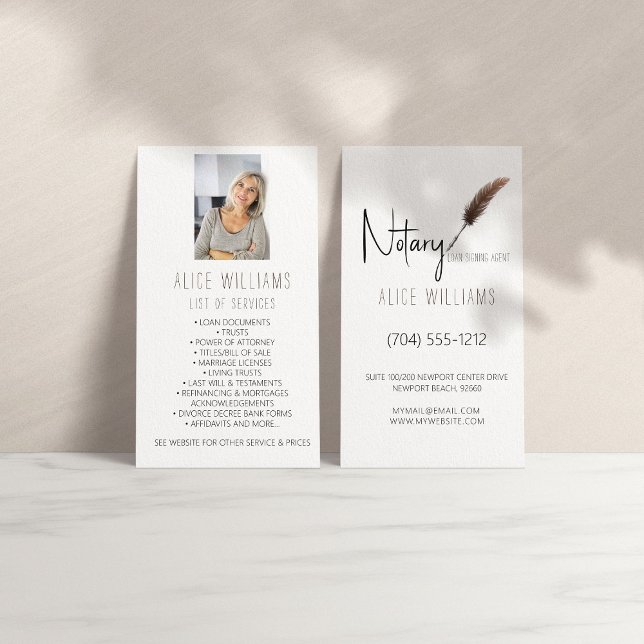 Minimalist Brown & White Notary Photo Vertical Business Card (Creator Uploaded)