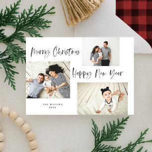 Minimalist Brush Script 3 Collage Photo Holiday Card