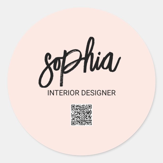 Minimalist Brush Script Blush Pink QR Code Classic Round Sticker (Front)