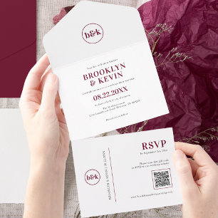 Minimalist Budget Burgundy Red QR Code PHOTO All In One Invitation