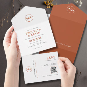 Minimalist Budget Terracotta Rust QR Code + RSVP All In One Invitation