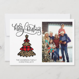 Minimalist Buffalo Plaid & Leopard Tree Photo Holiday Card