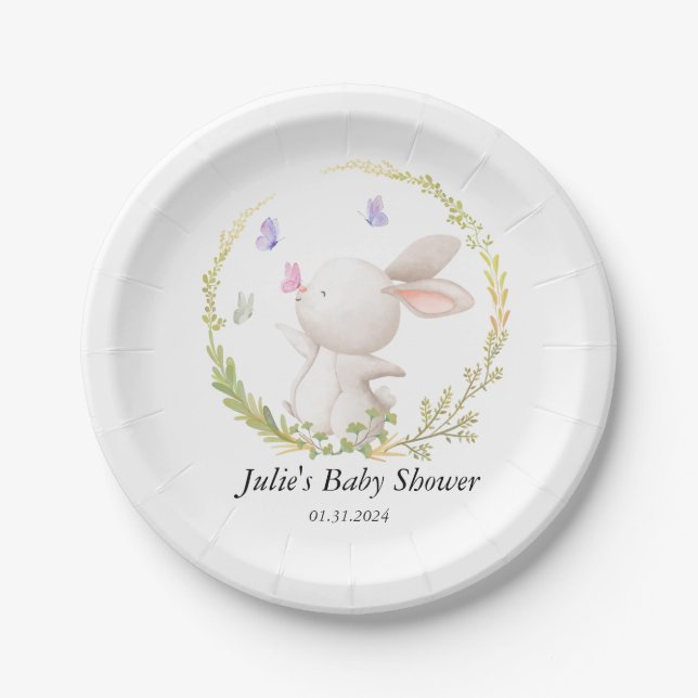 Minimalist Bunny and Butterflies Baby Shower Paper Plate (Front)