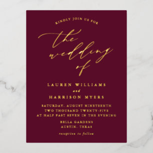 Minimalist Burgundy and Gold Calligraphy Wedding Foil Invitation Postcard