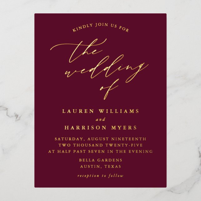 Minimalist Burgundy and Gold Calligraphy Wedding Foil Invitation Postcard (Front)