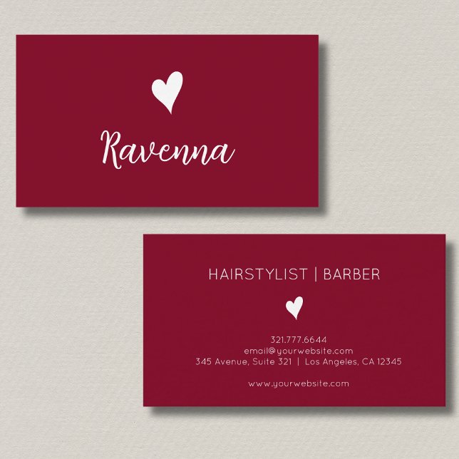 Minimalist Burgundy and White Heart Barber Name Business Card (Creator Uploaded)