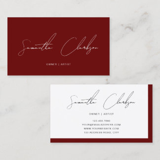 Minimalist Burgundy Dark Red Handwritten Script Business Card