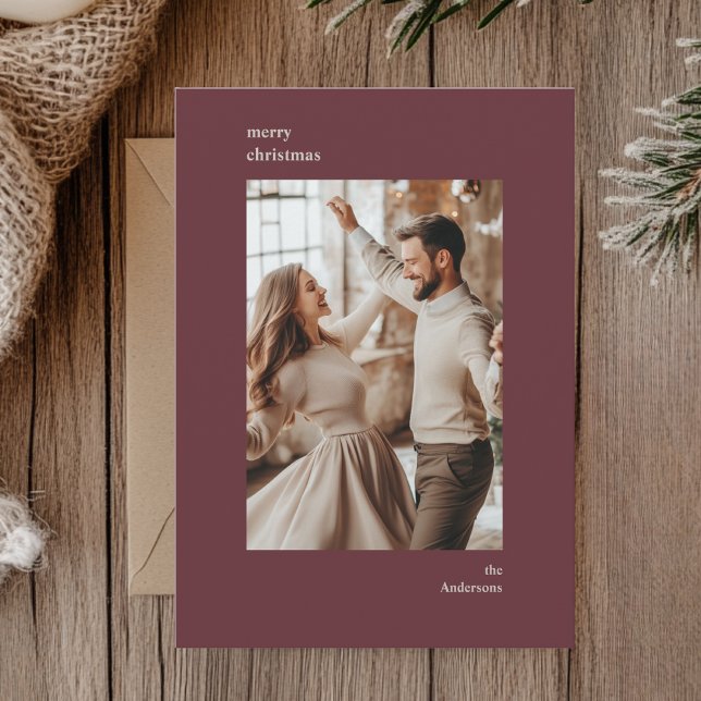 Minimalist Burgundy Frame Christmas Photo  Holiday Card (Creator Uploaded)
