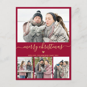 Minimalist Burgundy Gold 4 Photo Collage Christmas Postcard