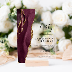 Minimalist Burgundy Gold Agate Geode 40th Birthday Acrylic Invitations