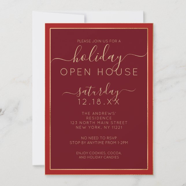 Minimalist Burgundy Gold Border Holiday Open House Invitation (Front)