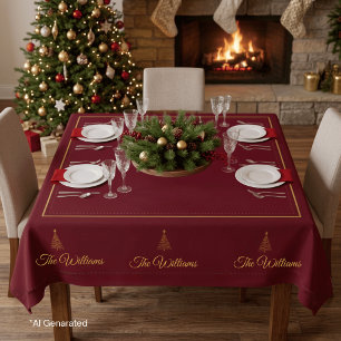 Minimalist Burgundy Gold Christmas Tree Tablecloth