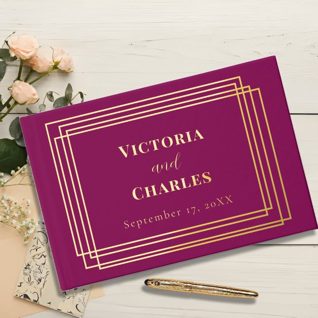 Minimalist Burgundy & Gold Foil Photo Wedding Guest Book (Creator Uploaded)