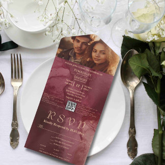 Minimalist Burgundy Gold Photo QR Code Email All In One Invitation