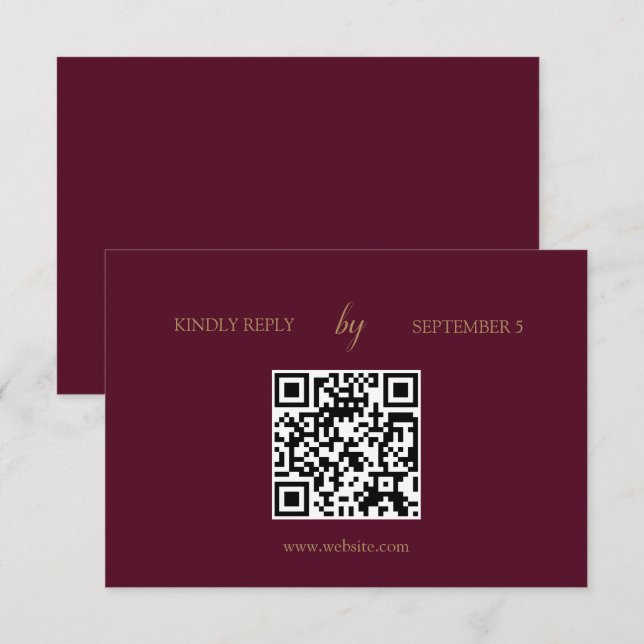 Minimalist Burgundy Gold QR Code Wedding RSVP Card (Front/Back)