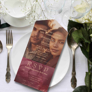Minimalist Burgundy Gold Text Photo Email Website All In One Invitation