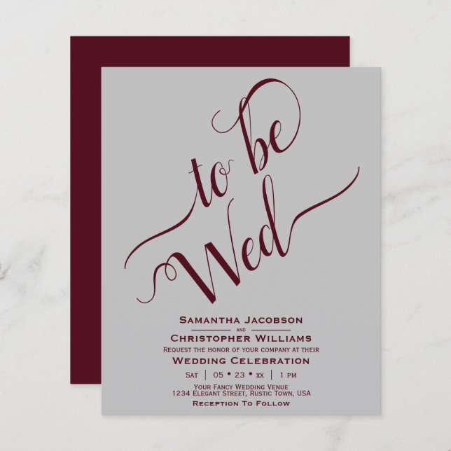 Minimalist Burgundy Grey BUDGET Wedding Invitation (Front/Back)