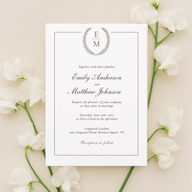 Minimalist Burgundy Laurel Wedding Invitation (Creator Uploaded)