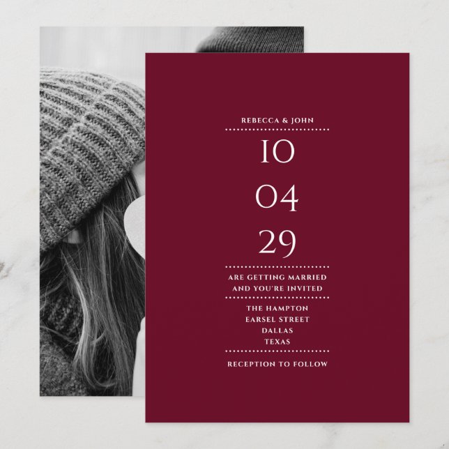 Minimalist Burgundy Photo Wedding Date Invitation (Front/Back)