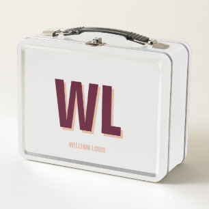 Minimalist Burgundy Pink Personalised Monogram Metal Lunch Box