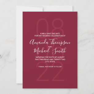 Minimalist Burgundy Red Modern Script Wedding Save The Date