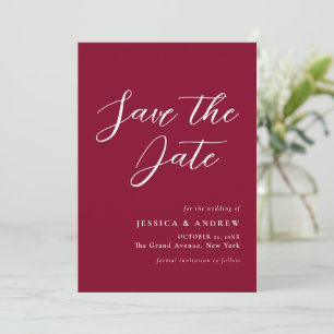 Minimalist Burgundy Red & White Simple Wedding  Save The Date