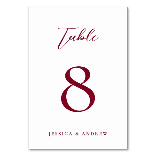 Minimalist Burgundy Red & White Simple Wedding Table Number (Front)