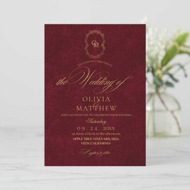 Minimalist Burgundy Velvet Script Wedding Invitation (Standing Front)