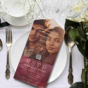 Minimalist Burgundy Watercolor Gold Photo QR Code All In One Invitation