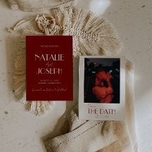 Minimalist Burgundy Whimsical Retro Photo Wedding