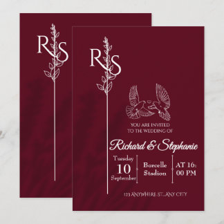 Minimalist Burgundy & White Birds Wedding Invite