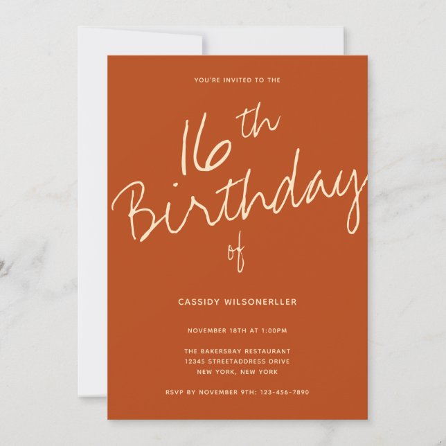 Minimalist Burnt Orange 16th Birthday Invitation (Front)