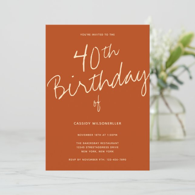 Minimalist Burnt Orange 40th Birthday Invitation (Standing Front)